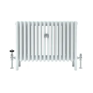 A plain white Florence 5 Column steel column radiator on feet, with chrome valves on each side and a small central bracket, on a white background.
