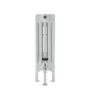 Side view of a Florence 5 Column 600mm steel radiator in white on feet, with a chrome angled valve and a bleed valve, on a white background.