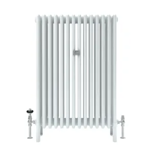 Florence 5 Column 1000mm steel column radiator in white on feet, with chrome valves and a central wall stay, on a white background.