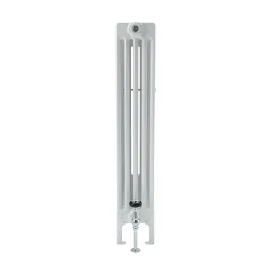 End view of a tall white Florence steel column radiator on feet, with a chrome valve and pipe at the base, on a white background.