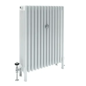 Florence 5 Column 1000mm plain steel column radiator in white on feet, with a chrome valve with a black head and a central wall stay.