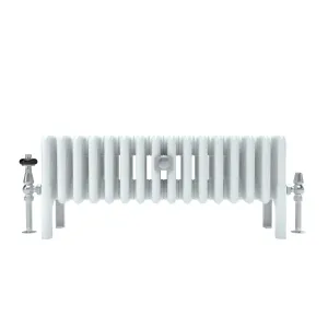 Low Florence 6 Column 300mm steel column radiator in white on feet, with chrome thermostatic and lockshield valves, on a white background.