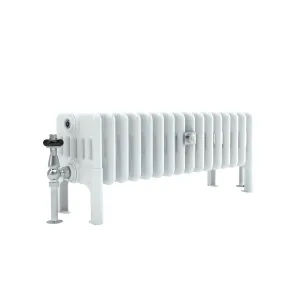 Low Florence 6 Column 300mm steel column radiator in white on feet, with a chrome thermostatic valve and black head, on a white background.