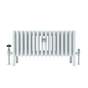 Florence 6 Column 400mm steel column radiator in white on feet, with chrome thermostatic and lockshield valves, on a white background.