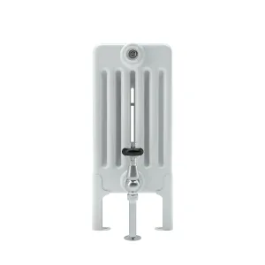 End view of a white Florence 6 Column 500mm steel radiator on floor feet, with a chrome angled valve and floor pipe shroud.