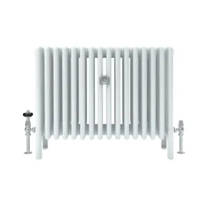 Florence 6 Column 600mm steel column radiator in white on feet, with chrome valves either side and a central wall stay, front view.