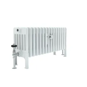 Low white Florence 6 Column steel radiator on feet, with a chrome thermostatic valve with black head and a chrome wall stay.
