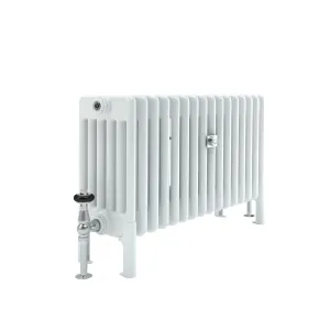 White Florence 6 Column steel radiator on feet, angled view, with a chrome valve with black collar and a central wall stay.