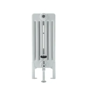 Side view of a white Florence 6 column steel radiator on feet, with a chrome angled valve and black-topped head, on a white background.