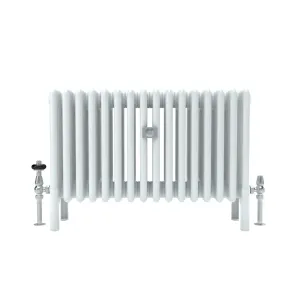 Florence 6 Column 500mm steel column radiator in white on feet, front view, with chrome thermostatic and lockshield valves on a white background.