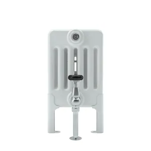 End view of a white Florence 6 column 400mm steel radiator on floor feet, with a chrome valve and black handle on a pipe to the floor.