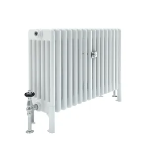 Florence 6 Column 600mm steel column radiator in white on feet, with a chrome angled valve and wall stay, on a white background.
