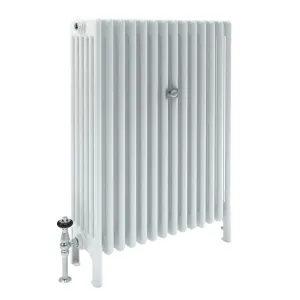Florence 6 Column 1000mm steel column radiator in white on feet, angled view, with a chrome thermostatic valve and central chrome wall stay.