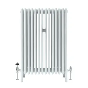 Florence 6 Column 1000mm steel column radiator in white on feet, front view, with chrome valves either side and a central wall stay.