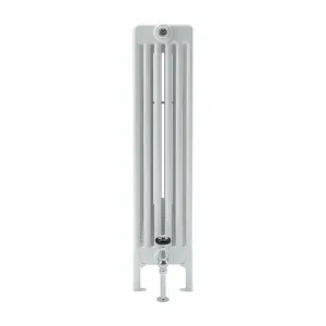 Side view of a white Florence 6 column 1000mm steel column radiator on feet, with a chrome valve below and a bleed valve at the top.