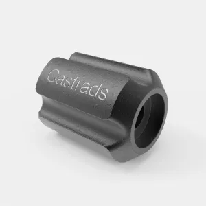 A dark grey cast iron cylindrical tool piece with fluted sides, a hollow end and "Castrads" engraved on one flat face, on a plain grey background.