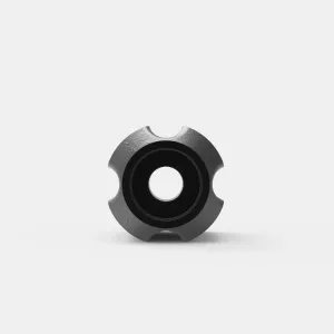 End view of a dark grey cast iron component from the ATK2 radiator assembly tool kit, with four notches and a central hole, on a white background.