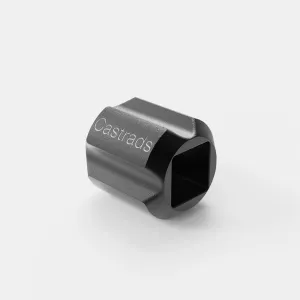 A black metal socket from the ATK2 radiator assembly tool kit, with a square drive hole and the Castrads name engraved on a flat face.
