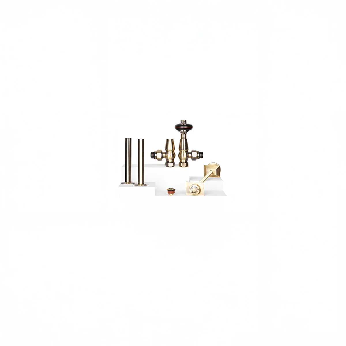 Windsor angled thermostatic valve with dark wooden head, lockshield, two pipe sleeves, bleed key and wall stay in Antique Brass on white plinths.