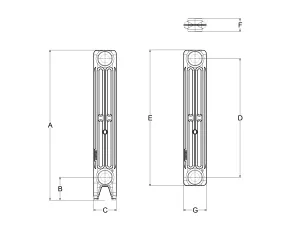 Technical drawing: Mercury 3 Column 660mm cast iron radiator