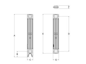 Technical drawing: Mercury 3 Column 760mm cast iron radiator