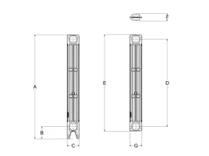 Technical drawing: Mercury 3 Column 860mm cast iron radiator