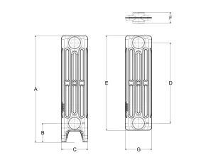 Technical drawing: Mercury 4 Column 560mm cast iron radiator