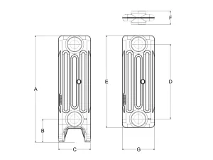 Technical drawing: Mercury 4 Column 460mm cast iron radiator