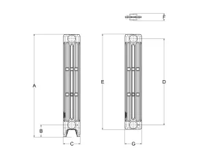 Technical drawing: Mercury 4 Column 860mm cast iron radiator
