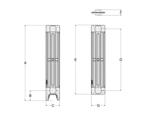 Technical drawing: Mercury 4 Column 760mm cast iron radiator