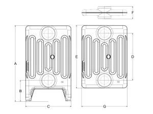 Technical drawing: Mercury 6 Column 360mm cast iron radiator