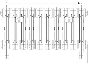 Technical drawing: Mercury 6 Column 360mm cast iron radiator