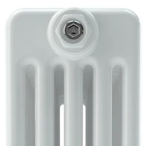 Close-up of the top of a white Florence 5 Column steel radiator, showing its rounded columns and a chrome bleed plug in the end.