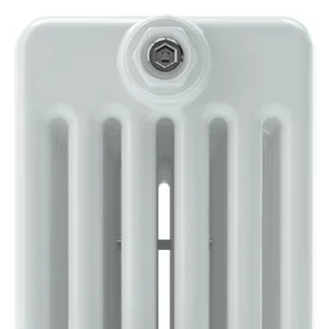 Close-up of the top of a plain white Florence 6 Column steel radiator, showing the rounded columns and a chrome hexagonal bleed plug.