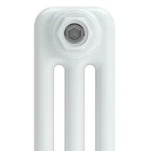 Close-up of the top of a white three-column Florence Curved steel column radiator, showing a grey hexagon-socket end plug in the end column.