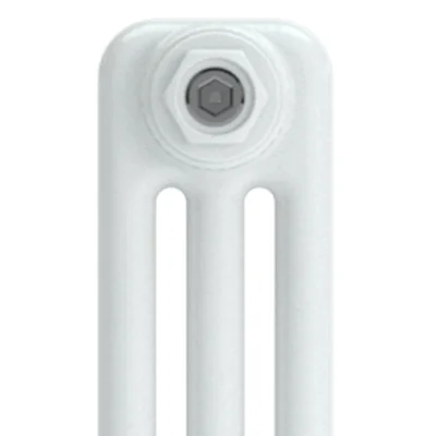 Close-up of the top of a white three-column Florence Curved steel column radiator, showing a grey hexagon-socket end plug in the end column.