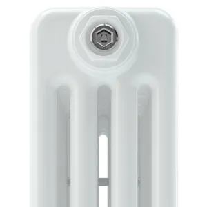 Close-up of the rounded top of a white Florence Curved 4 column steel radiator, showing the end plug with a chrome hex bleed valve.