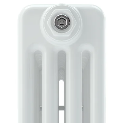 Close-up of the rounded top of a white Florence Curved 4 column steel radiator, showing the end plug with a chrome hex bleed valve.