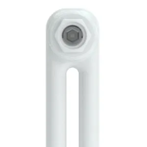 Close-up of the rounded top of a white two-column Florence Curved radiator section, with a hexagonal plug and grey bleed fitting.