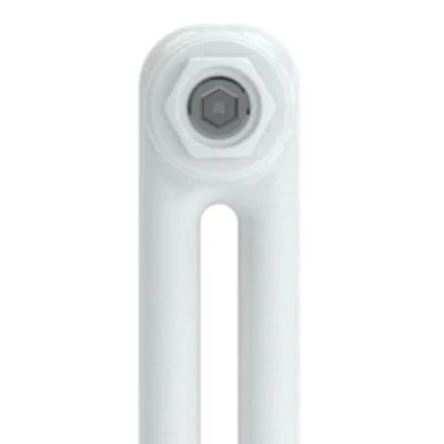 Close-up of the rounded top of a white two-column Florence Curved radiator section, with a hexagonal plug and grey bleed fitting.
