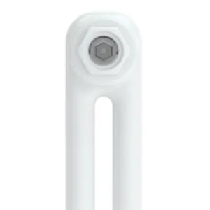 Close-up of the top of a Florence 2 Column 400mm steel radiator in white, showing the rounded column loop and a grey hexagonal end plug.