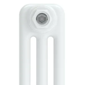 Close-up of the top end of a white three-column Florence radiator, showing rounded plain columns and a hexagonal end plug with a grey bleed valve.