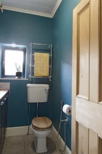 Wall-mounted Elara chrome towel rail with a yellow towel above a low-level WC in a teal cloakroom, beside a small window and panelled pine door.